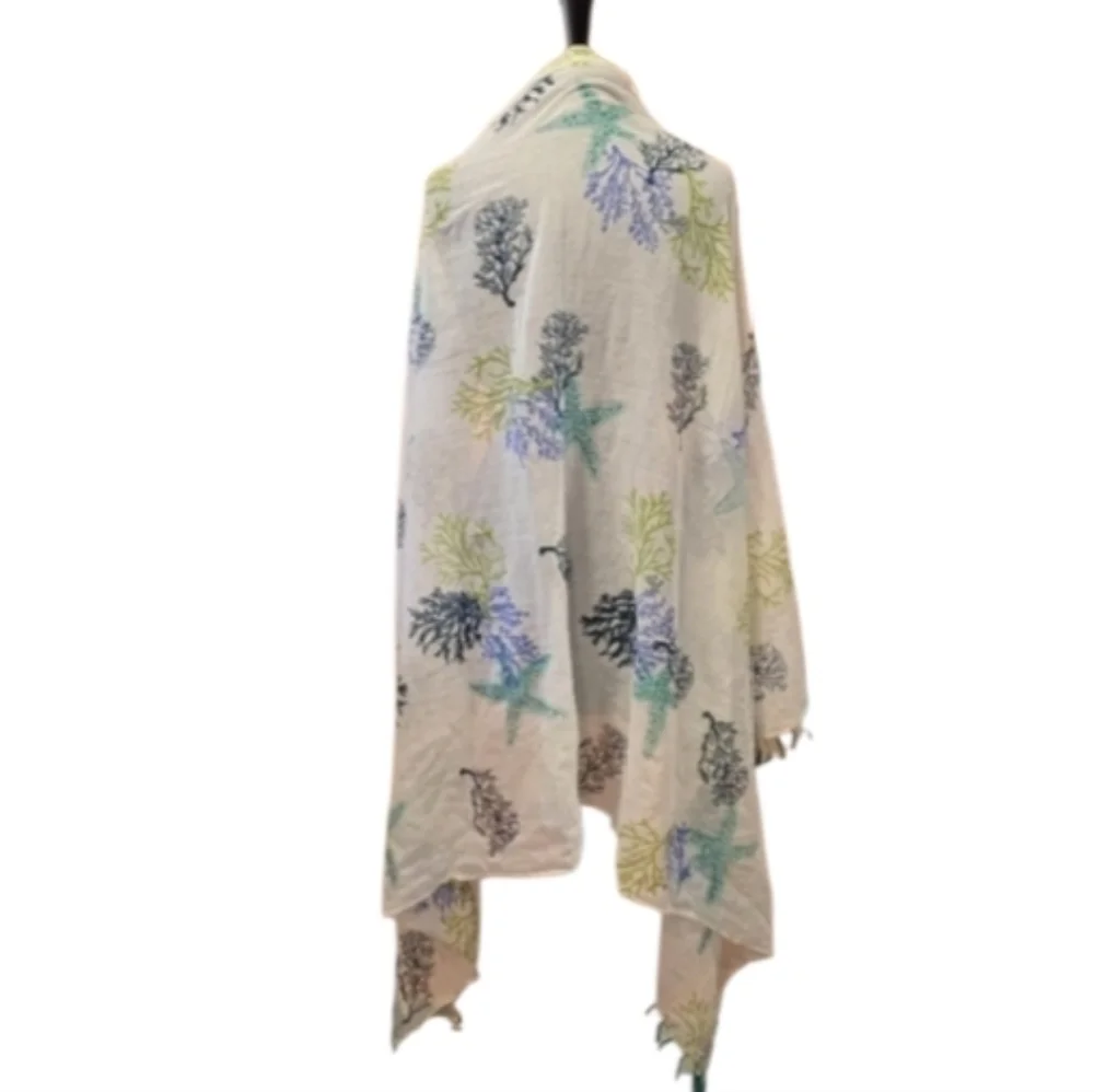 Coastal Vacation Wrap Camomilla Cotton Lightweight Starfish Coral Print Scarf